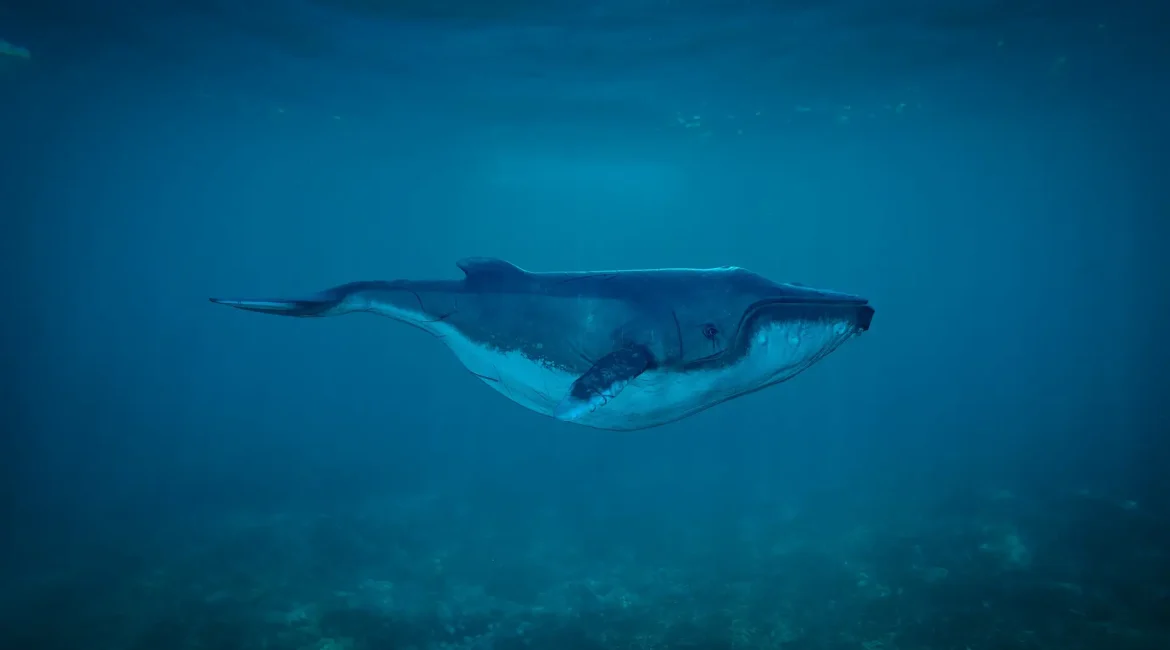 A whale glides effortlessly in the ocean, showcasing its size and grace.