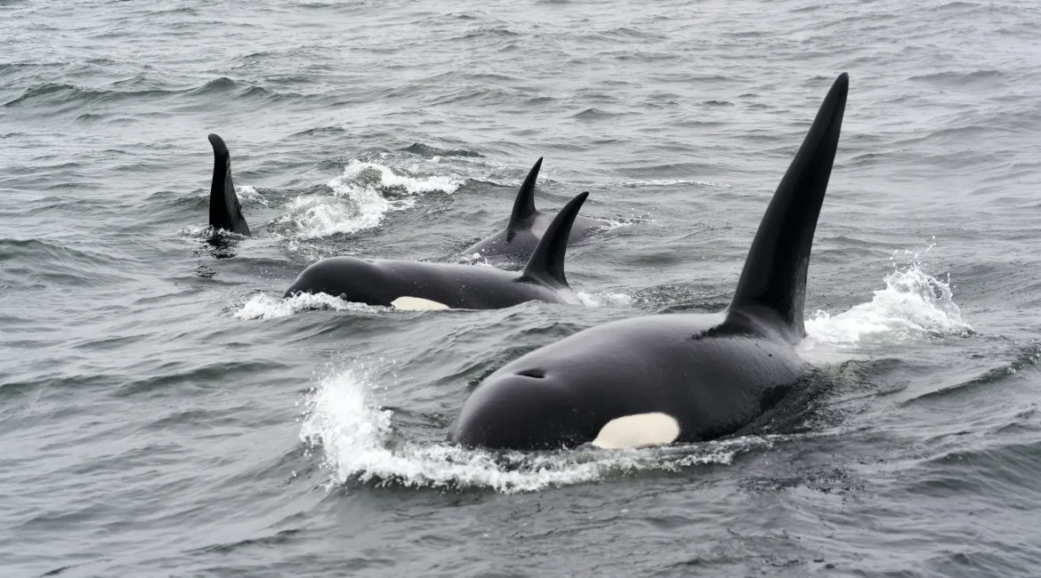 Three killer whales glide through the ocean waters, illustrating their elegance.
