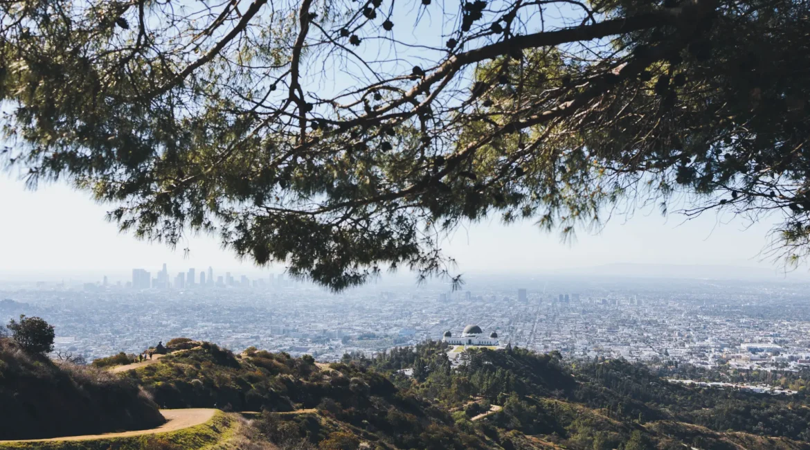 A panoramic view of Griffith Park in Los Angeles, showcasing lush greenery and city skyline.