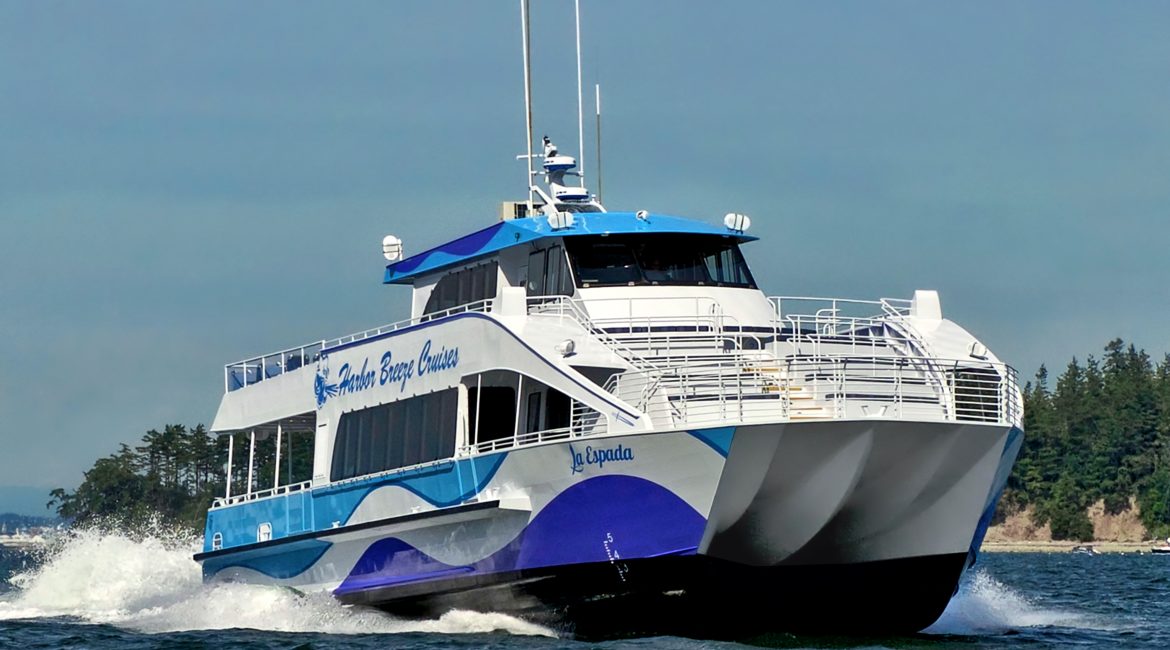 A ferry boat navigating the water, with two whales surfacing nearby, highlighting marine adventure and special events